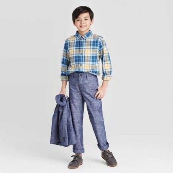 Boys Chambray Suiting Pants Cat & Jack Navy Blue Size 6 With Reinforced Knees Du - Picture 6 of 7